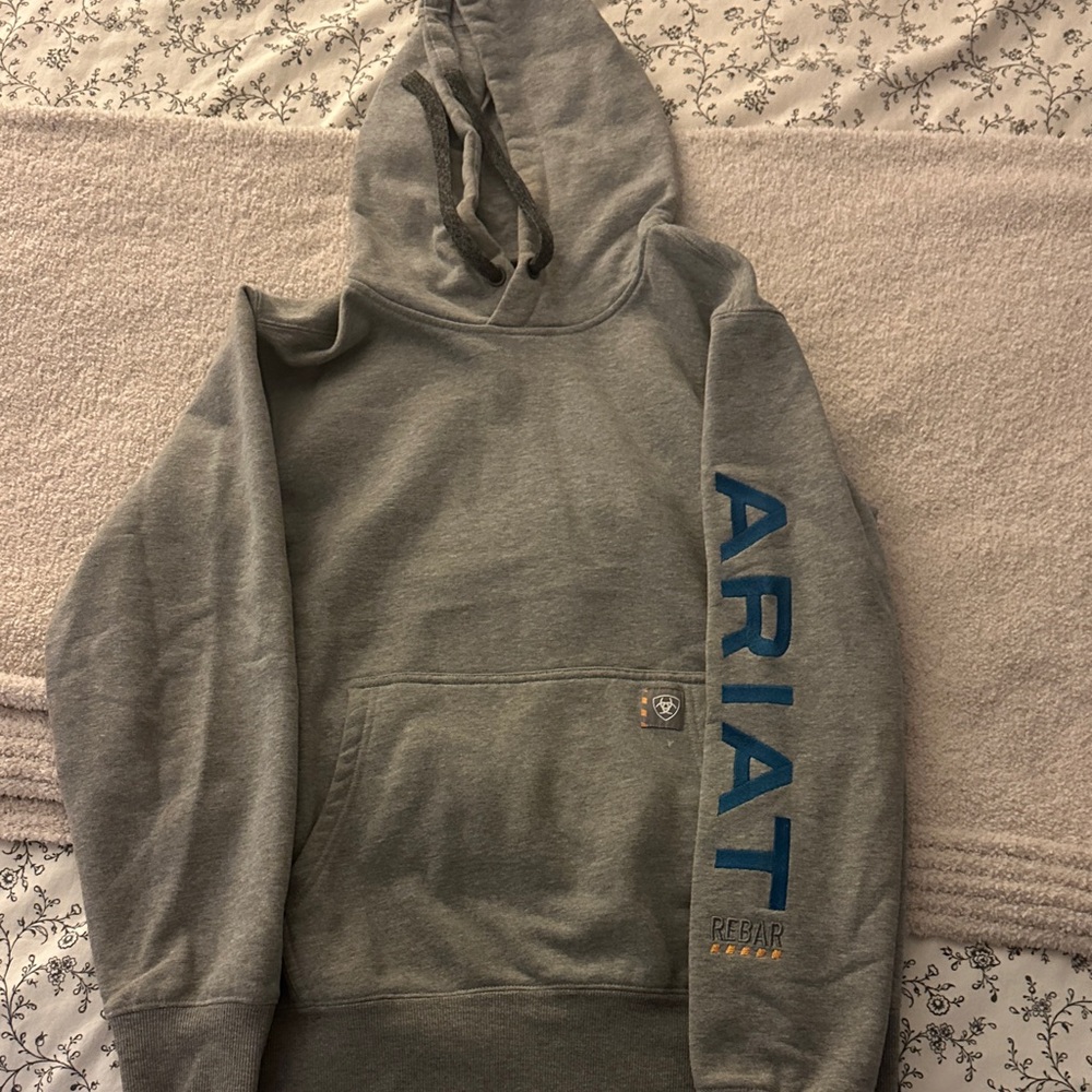 Ariat Heather Gray Hoodie with Blue Sleeve Logo